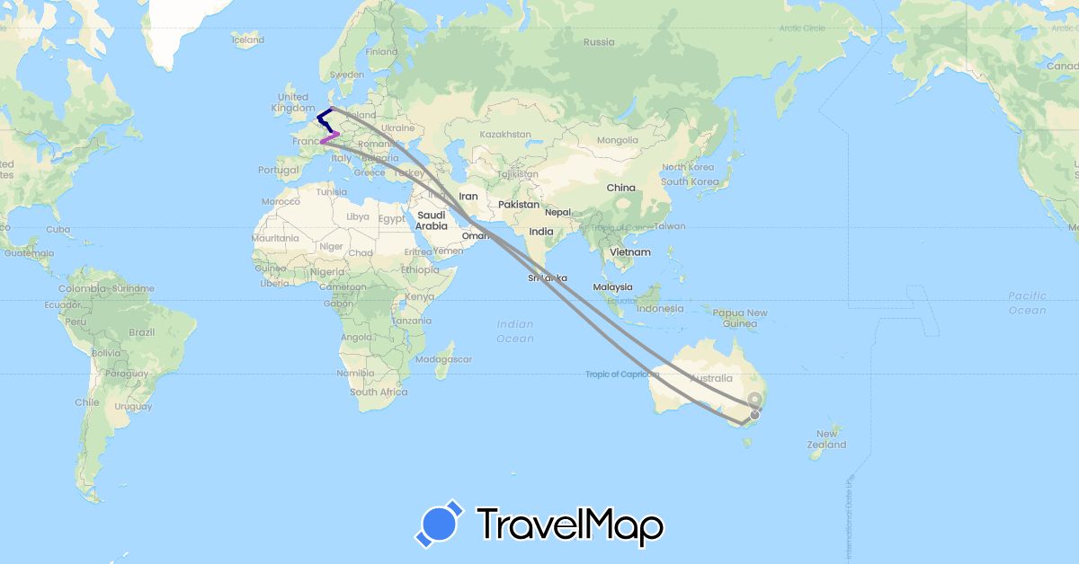 TravelMap itinerary: driving, plane, train in United Arab Emirates, Australia, Belgium, Switzerland, Germany, Netherlands (Asia, Europe, Oceania)